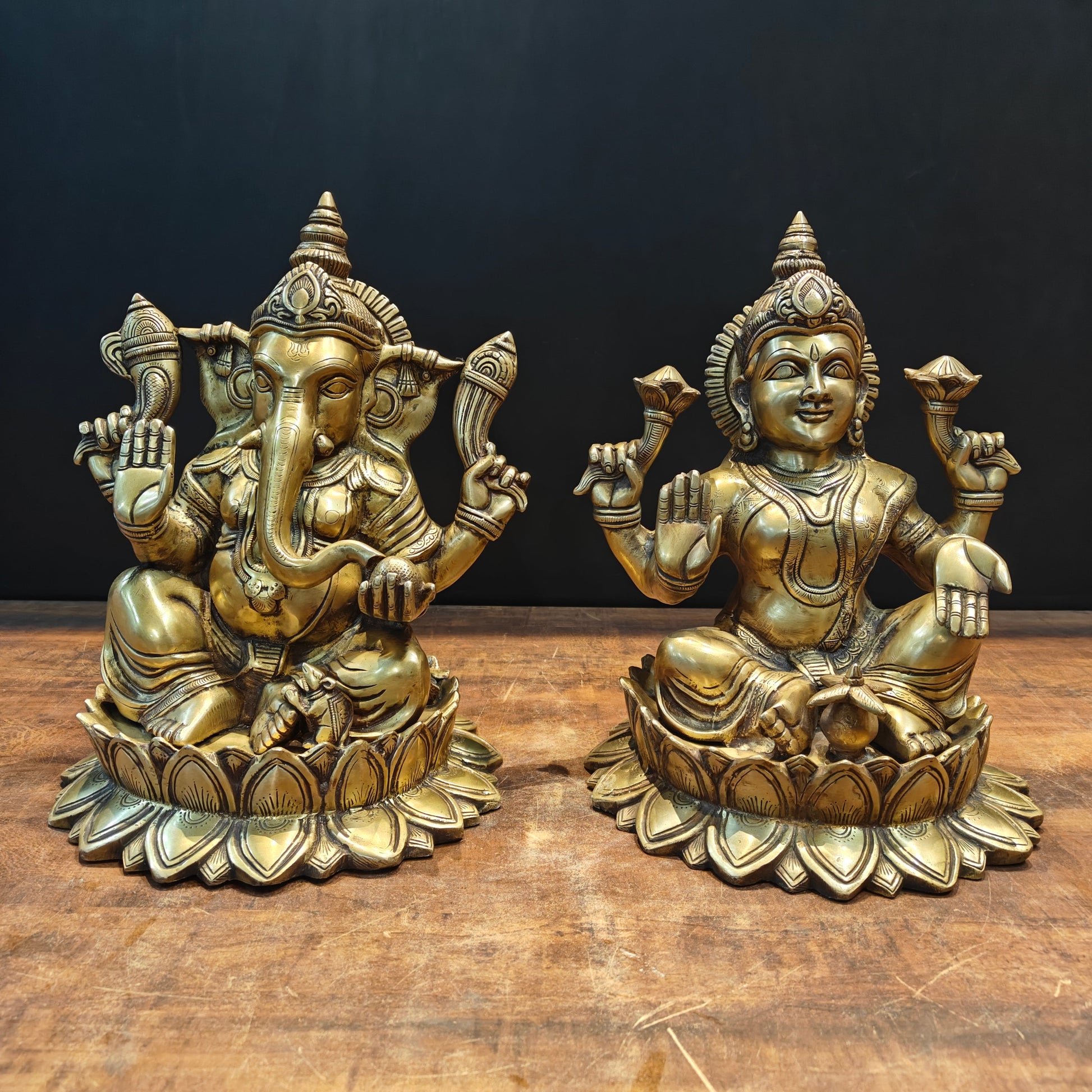 Brass Ganesha Lakshmi Idol Sitting On Lotus Base 14 Inch - Image 3
