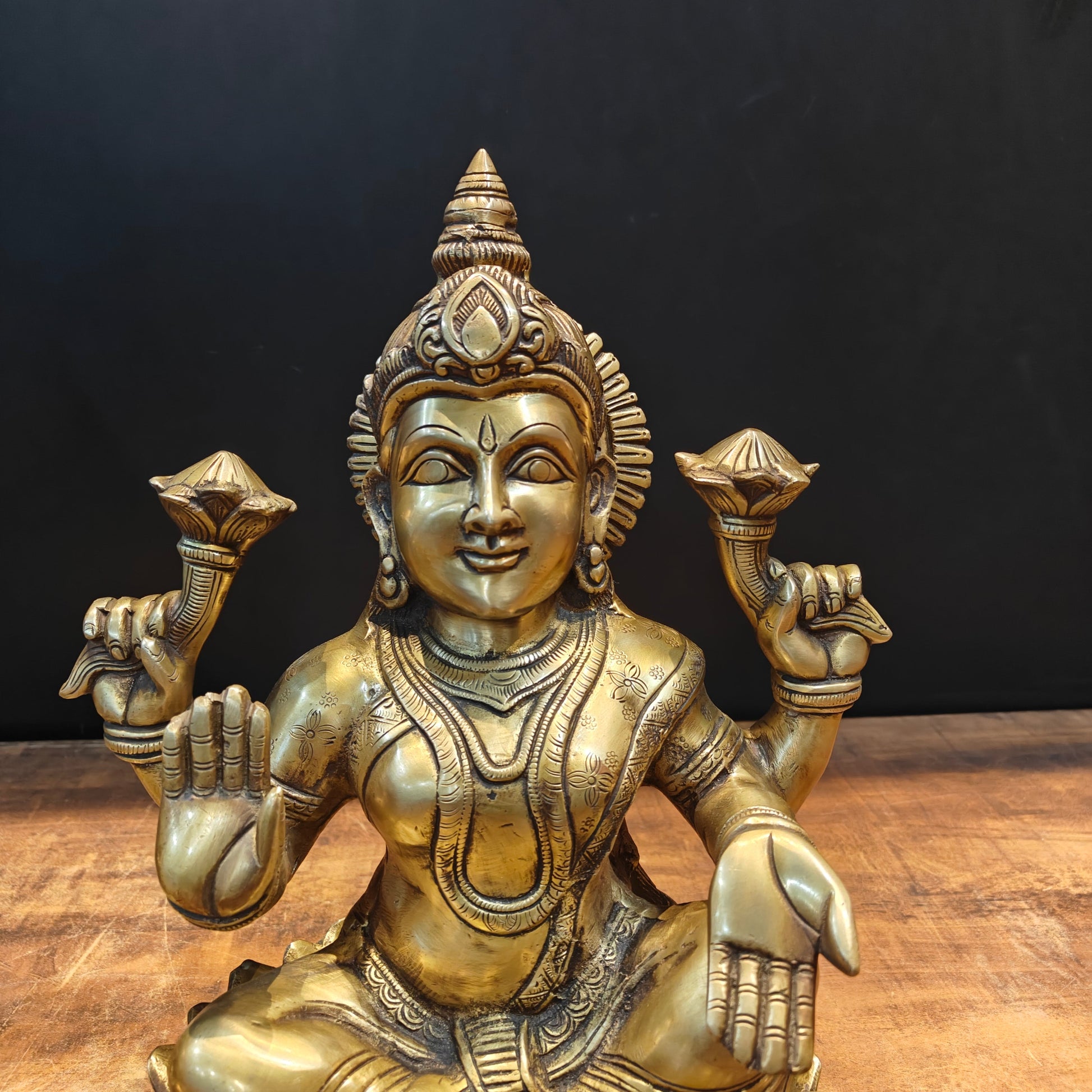 Brass Ganesha Lakshmi Idol Sitting On Lotus Base 14 Inch - Image 5