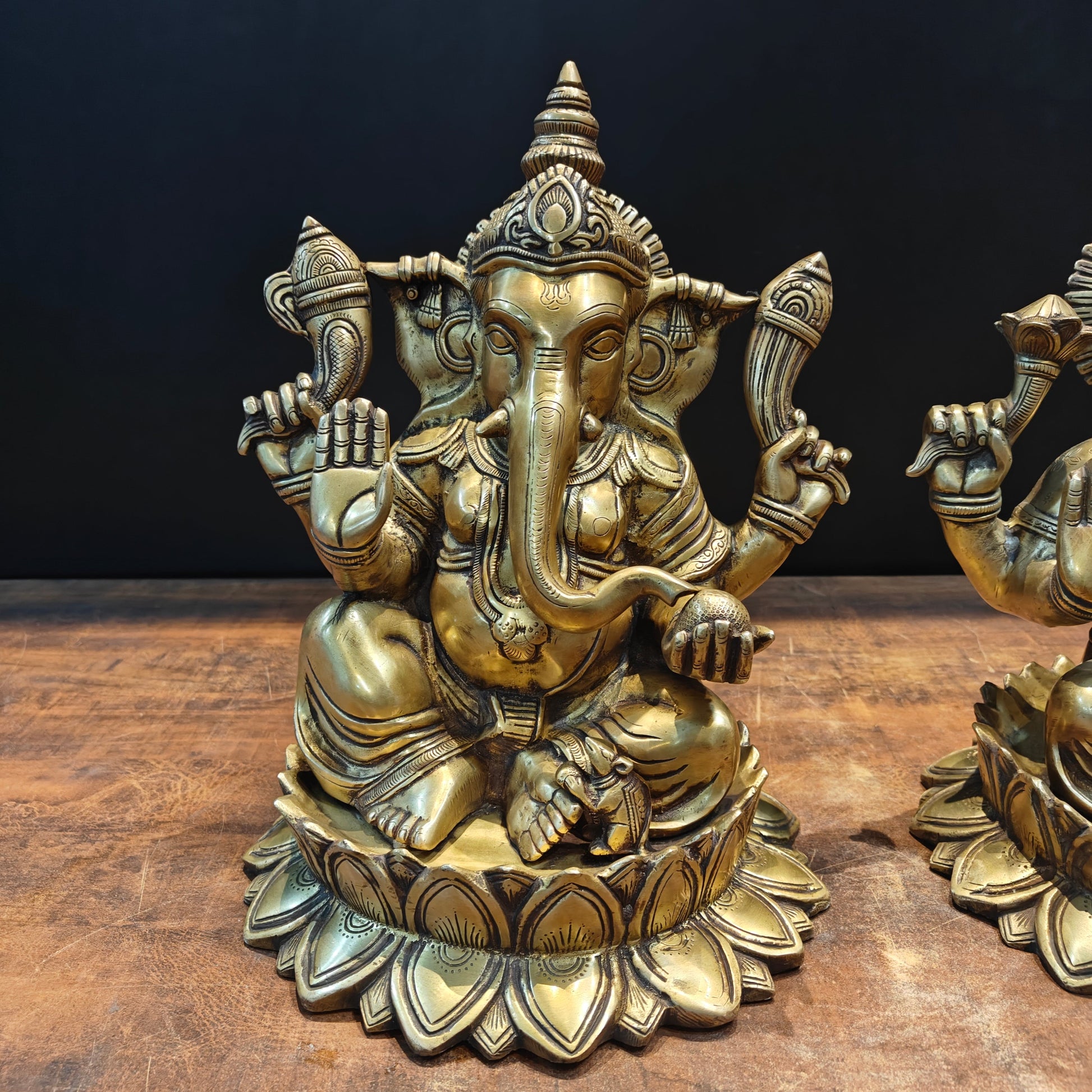 Brass Ganesha Lakshmi Idol Sitting On Lotus Base 14 Inch - Image 6