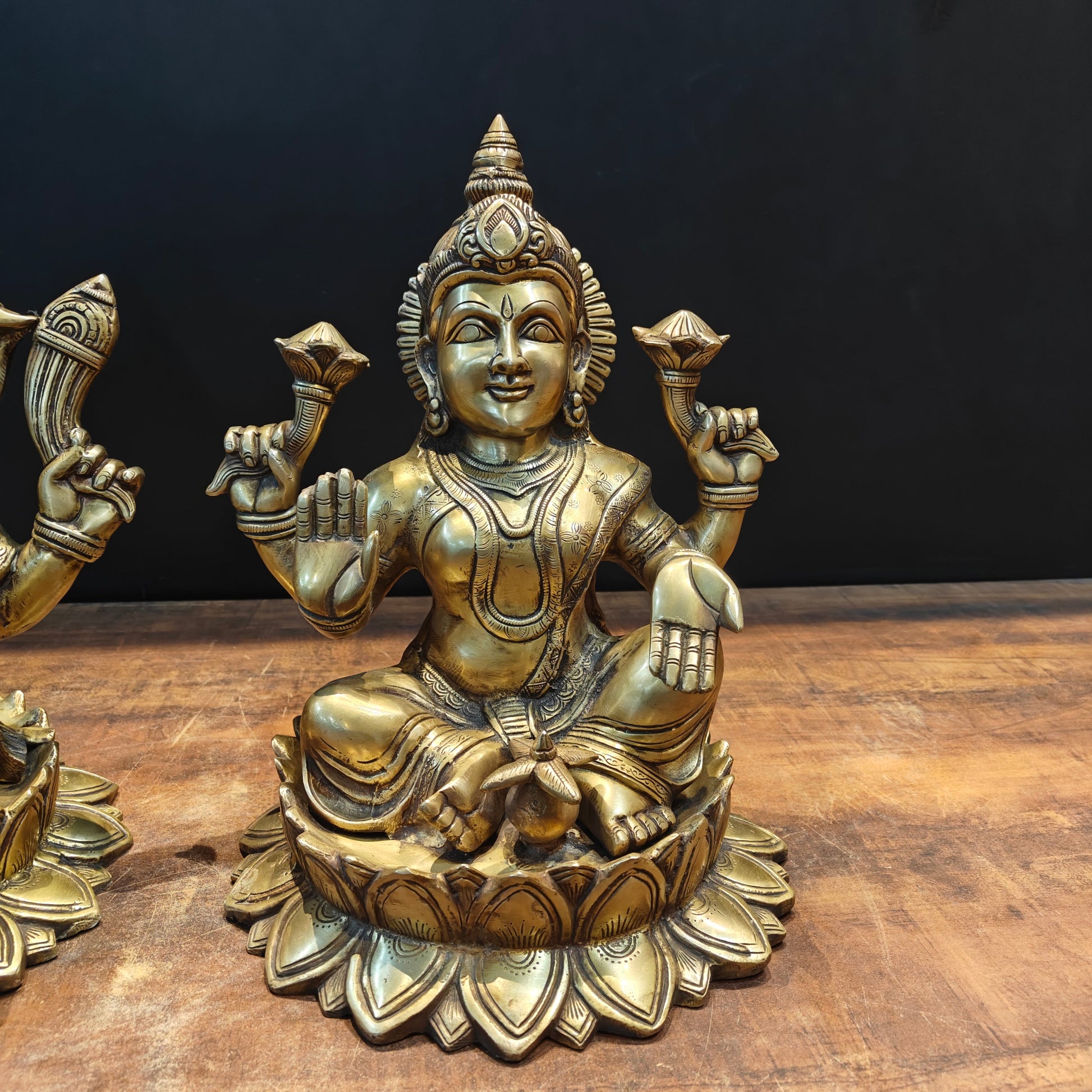 Brass Ganesha Lakshmi Idol Sitting On Lotus Base 14 Inch - Image 7