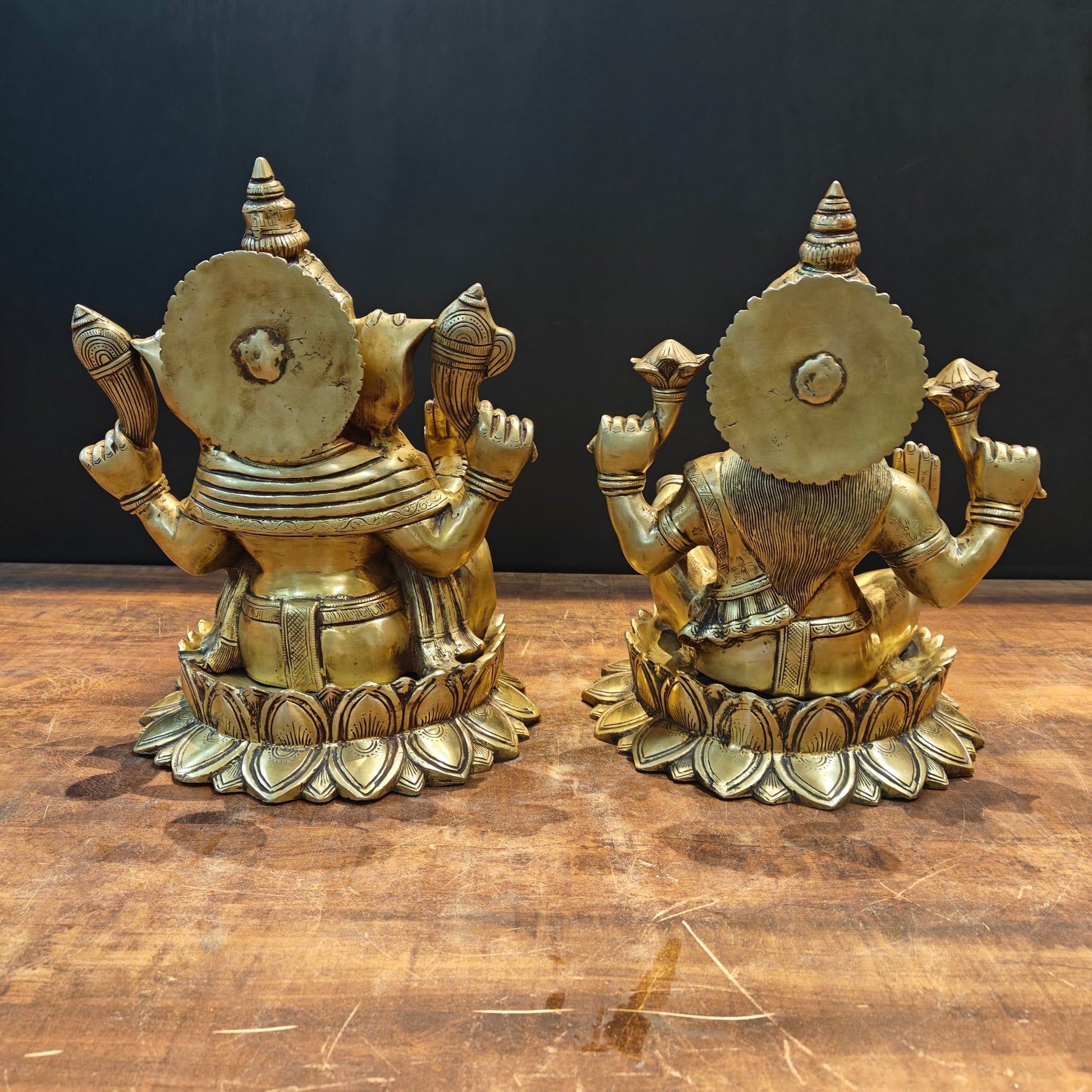 Brass Ganesha Lakshmi Idol Sitting On Lotus Base 14 Inch - Image 8