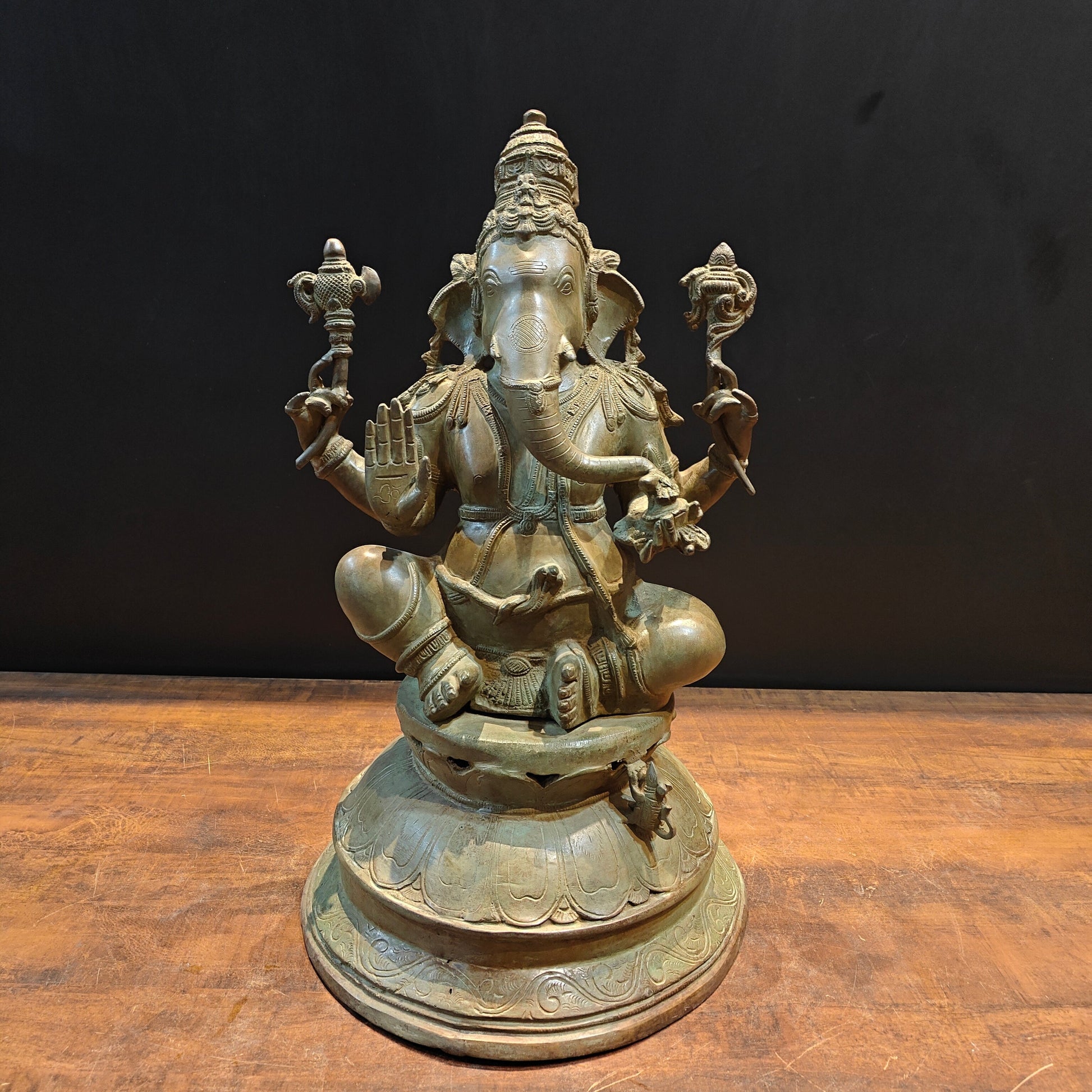 Vintage Brass Lord Ganesha Statue with Green Patina Finish 23 Inch - Image 3