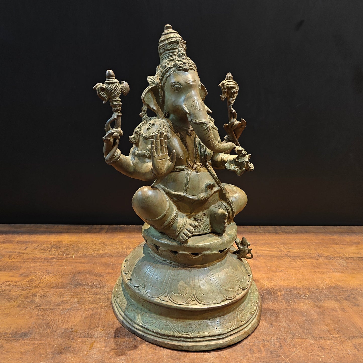 Vintage Brass Lord Ganesha Statue with Green Patina Finish 23 Inch