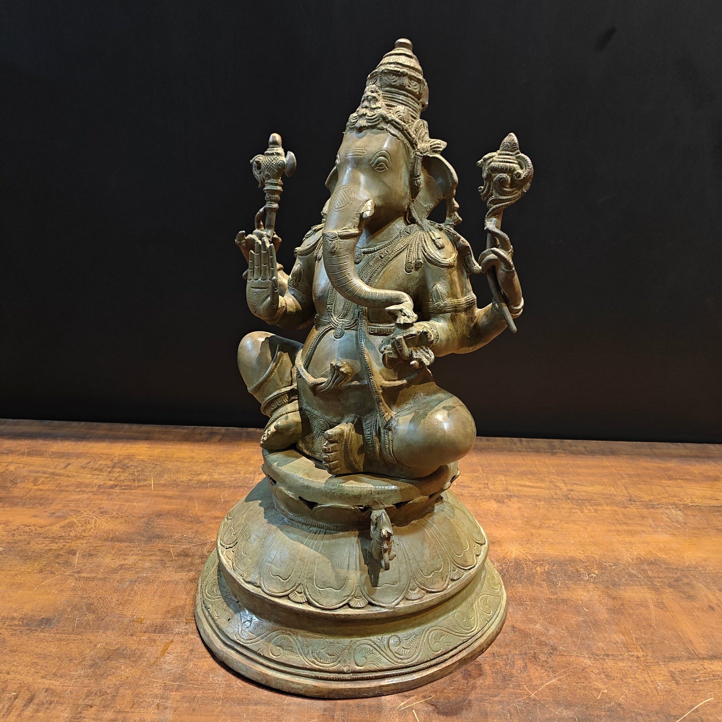 Vintage Brass Lord Ganesha Statue with Green Patina Finish 23 Inch