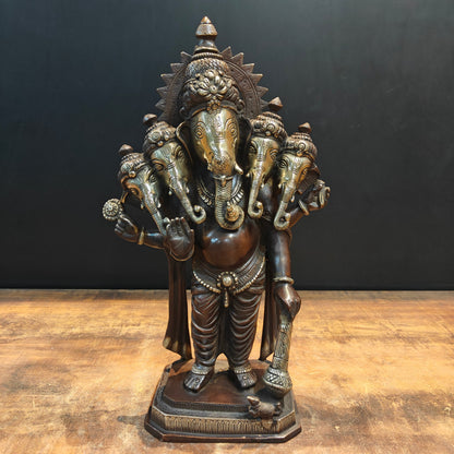 Brass Standing Panchmukhi Ganesha Idol Antique Finish 19 Inches by vendor-unknown - Hindu Gods (View 3)
