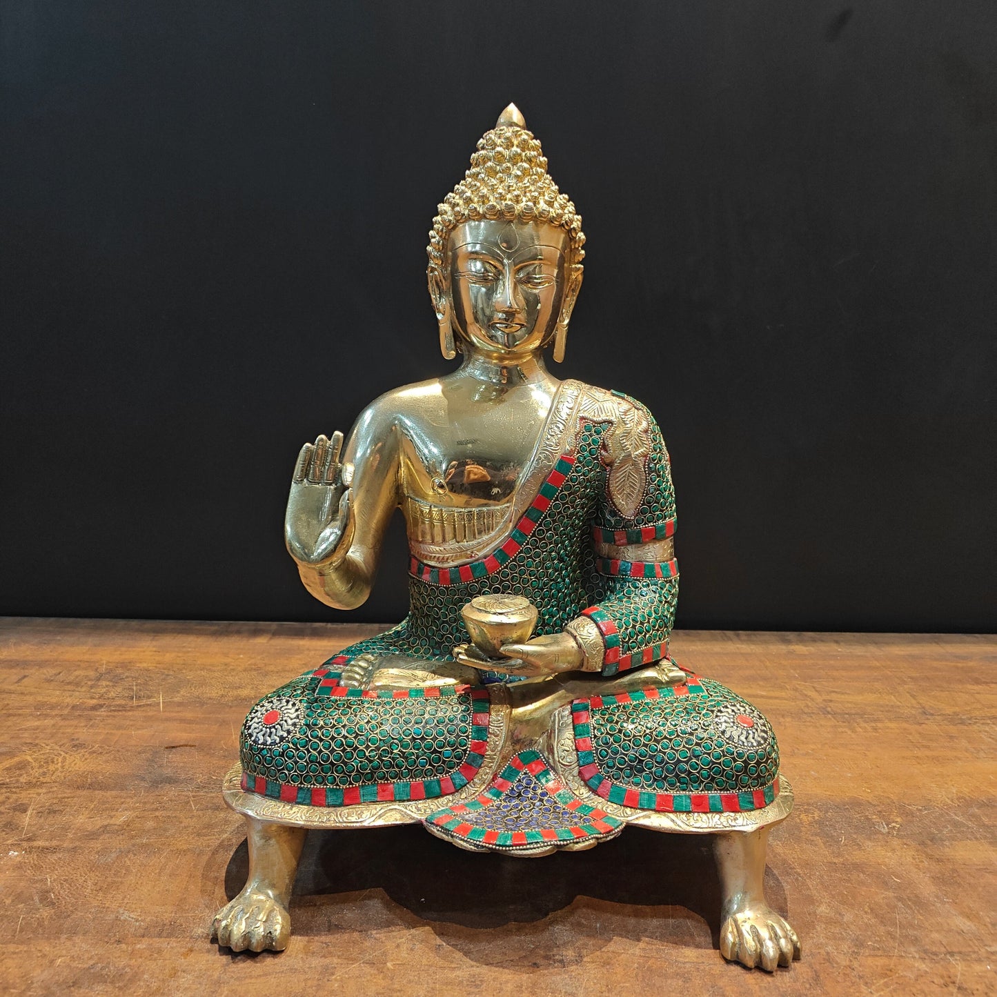 Brass Buddha Statue in Blessing Abhaya Mudra Stone Work 20 inch