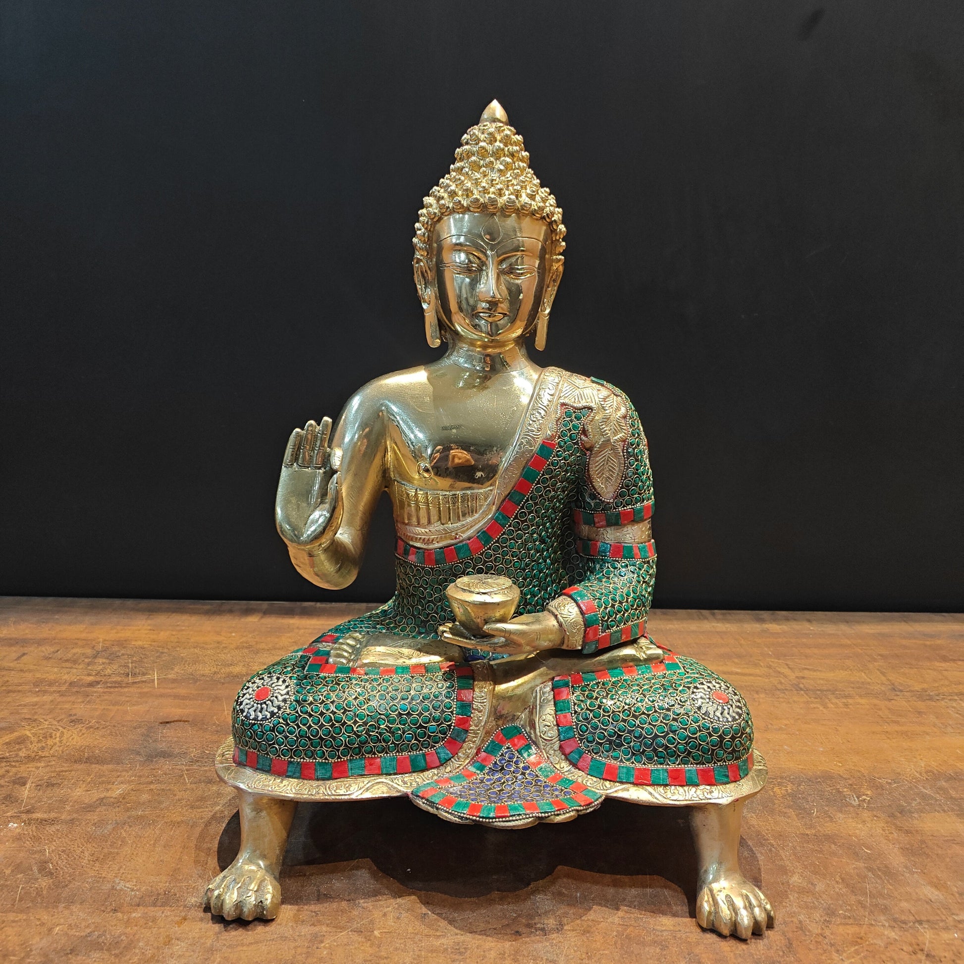 Brass Buddha Statue in Blessing Abhaya Mudra Stone Work 20 inch - Image 3