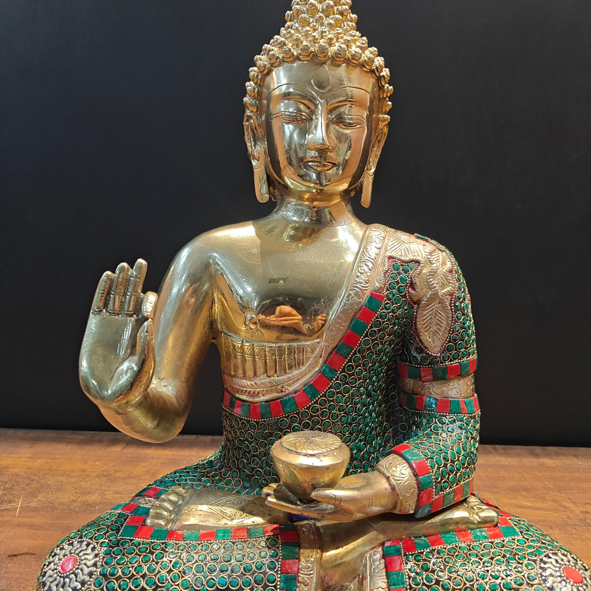 Brass Buddha Statue in Blessing Abhaya Mudra Stone Work 20 inch - Image 2