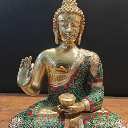 Brass Buddha Statue in Blessing Abhaya Mudra Stone Work 20 inch by vendor-unknown - Buddha (View 2)