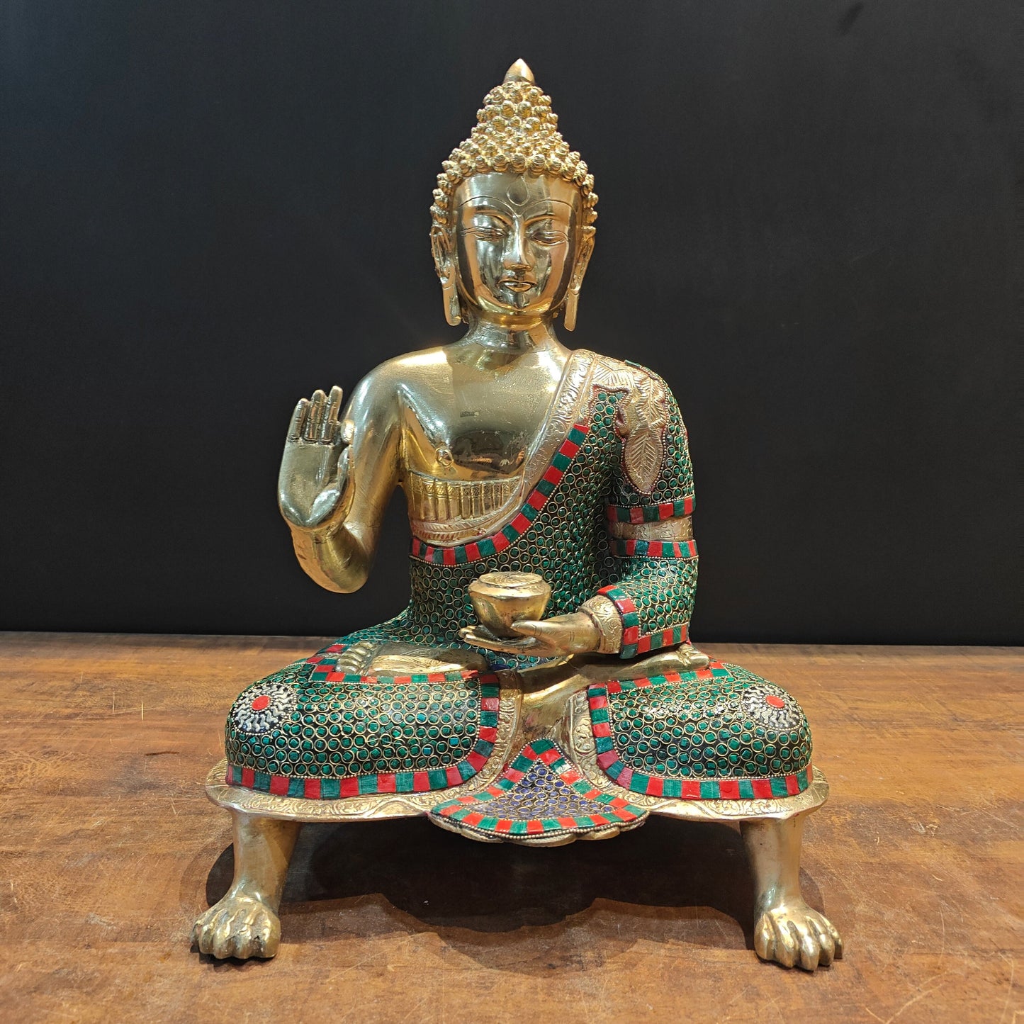Brass Buddha Statue in Blessing Abhaya Mudra Stone Work 20 inch