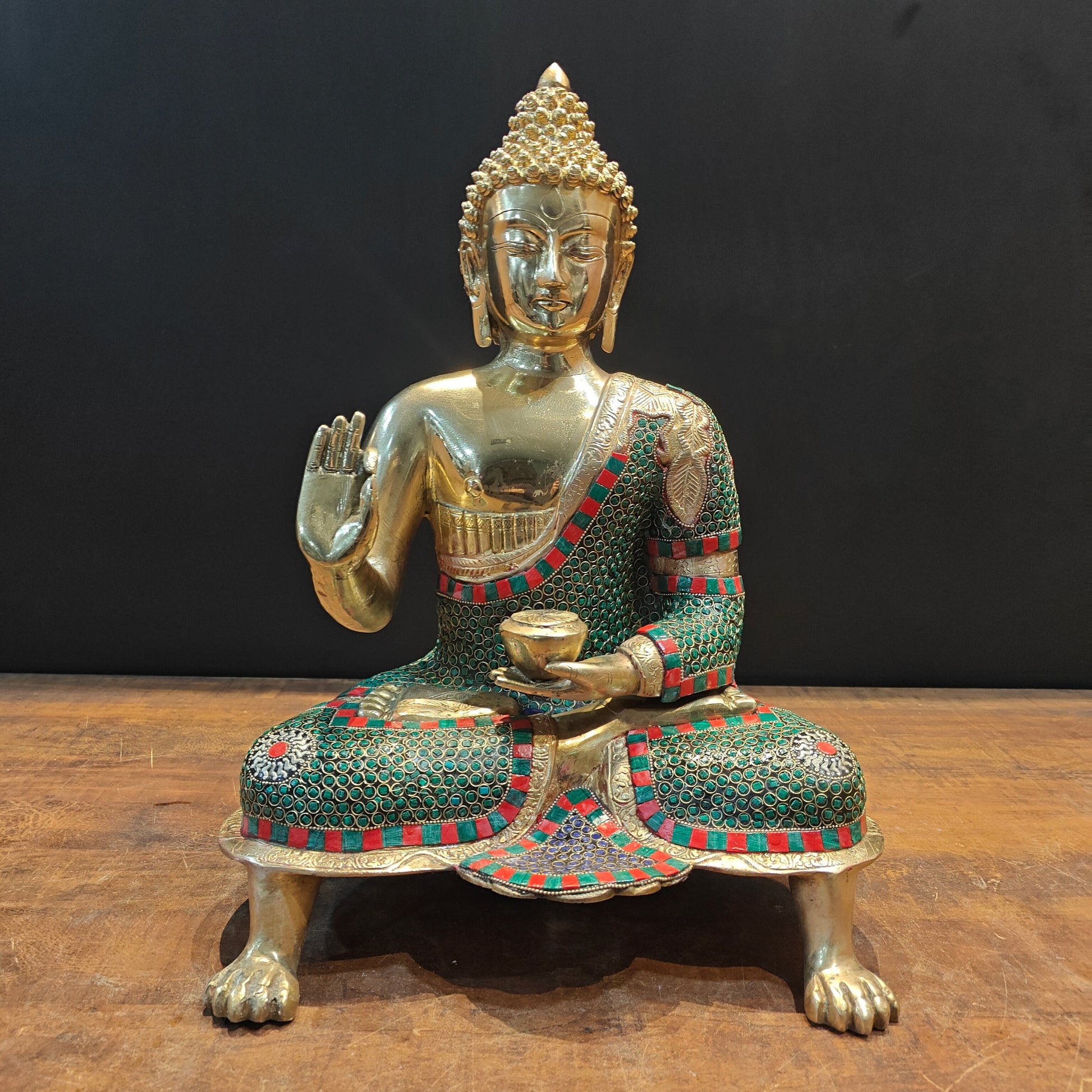 Brass Buddha Statue in Blessing Abhaya Mudra Stone Work 20 inch - Image 6