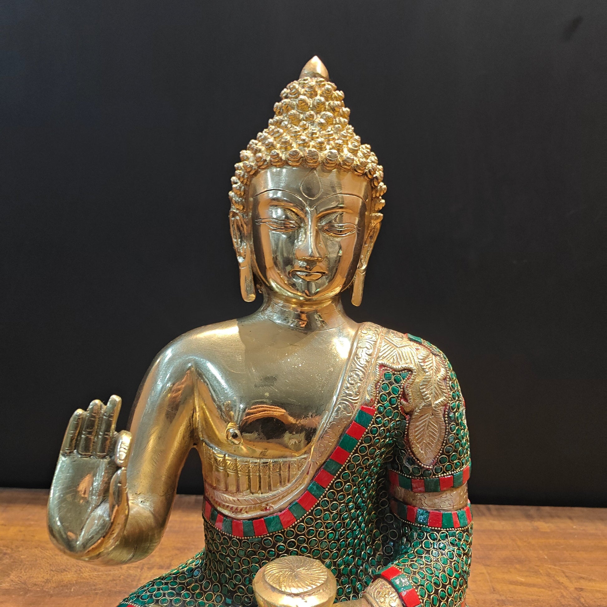 Brass Buddha Statue in Blessing Abhaya Mudra Stone Work 20 inch - Image 7
