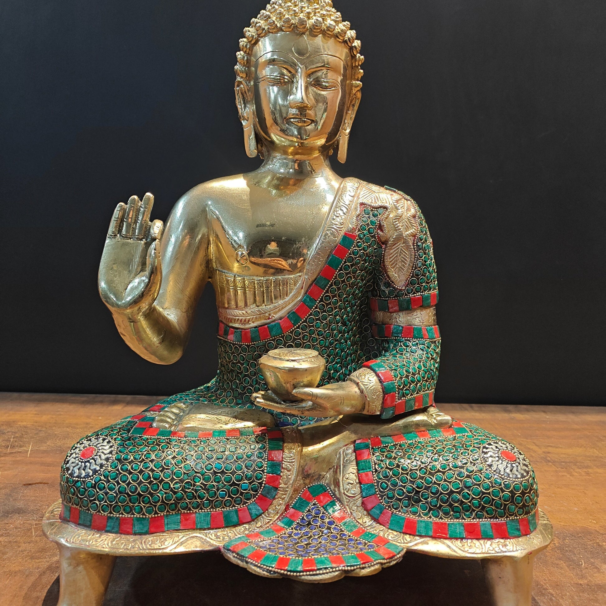 Brass Buddha Statue in Blessing Abhaya Mudra Stone Work 20 inch - Image 8