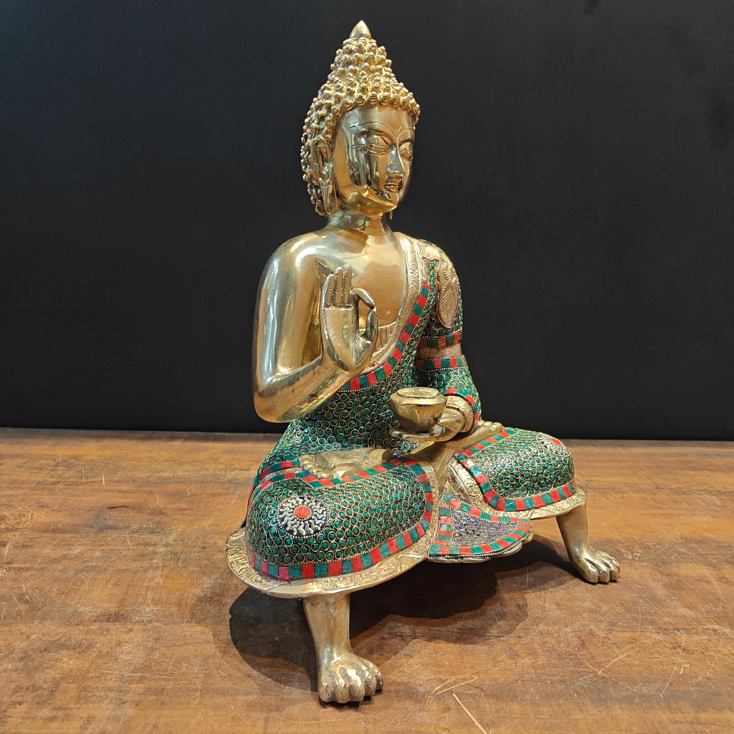Brass Buddha Statue in Blessing Abhaya Mudra Stone Work 20 inch
