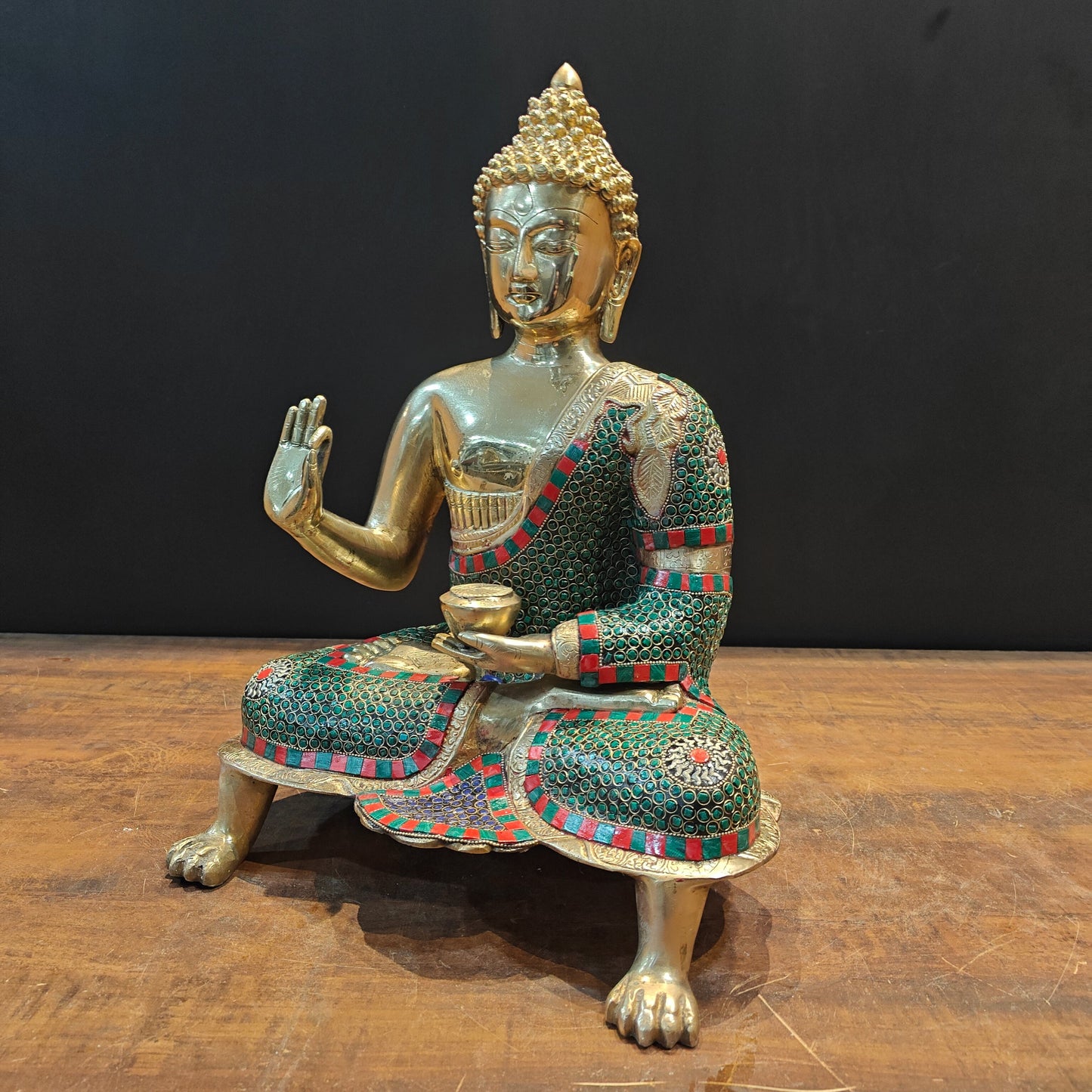 Brass Buddha Statue in Blessing Abhaya Mudra Stone Work 20 inch