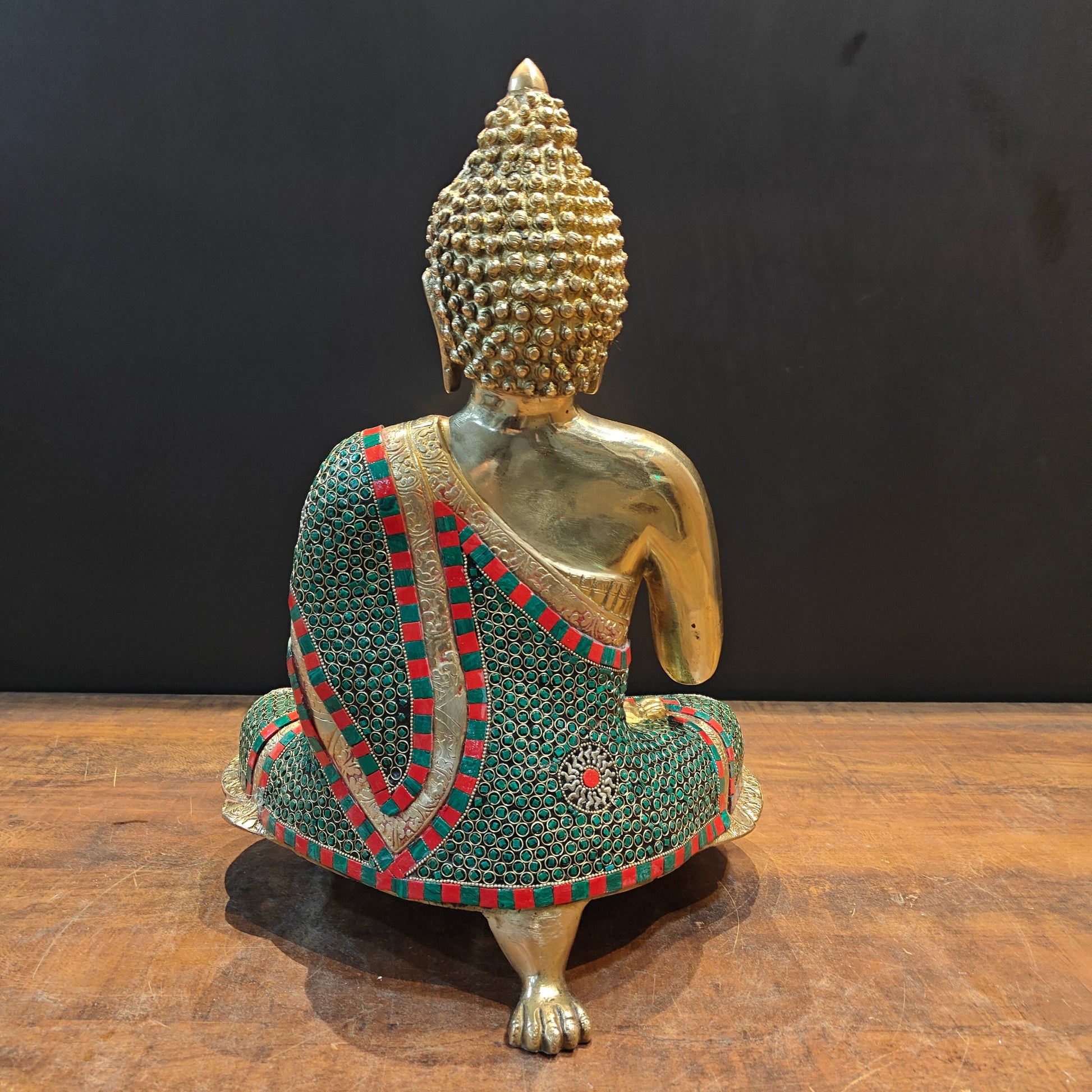 Brass Buddha Statue in Blessing Abhaya Mudra Stone Work 20 inch - Image 9
