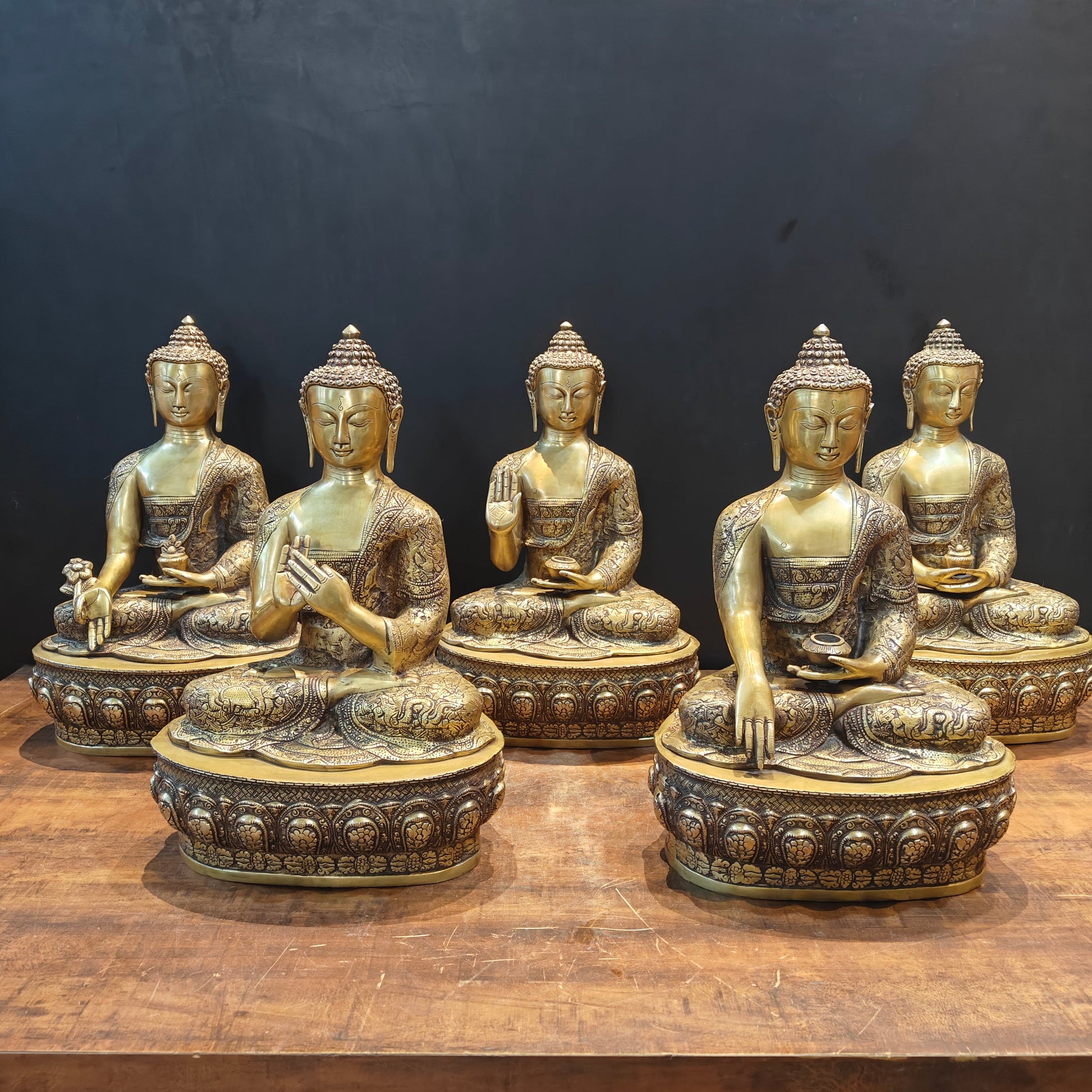 Brass Set of 5 Dhyani Buddha Statues Antique Finish 2 Feet - Image 2