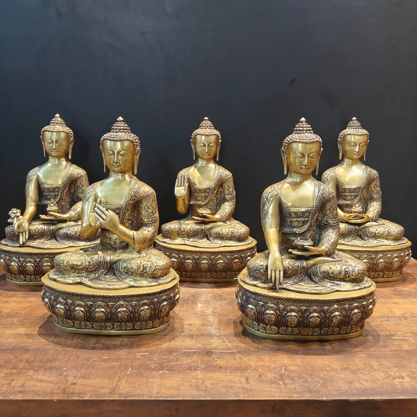 Brass Set of 5 Dhyani Buddha Statues Antique Finish 2 Feet