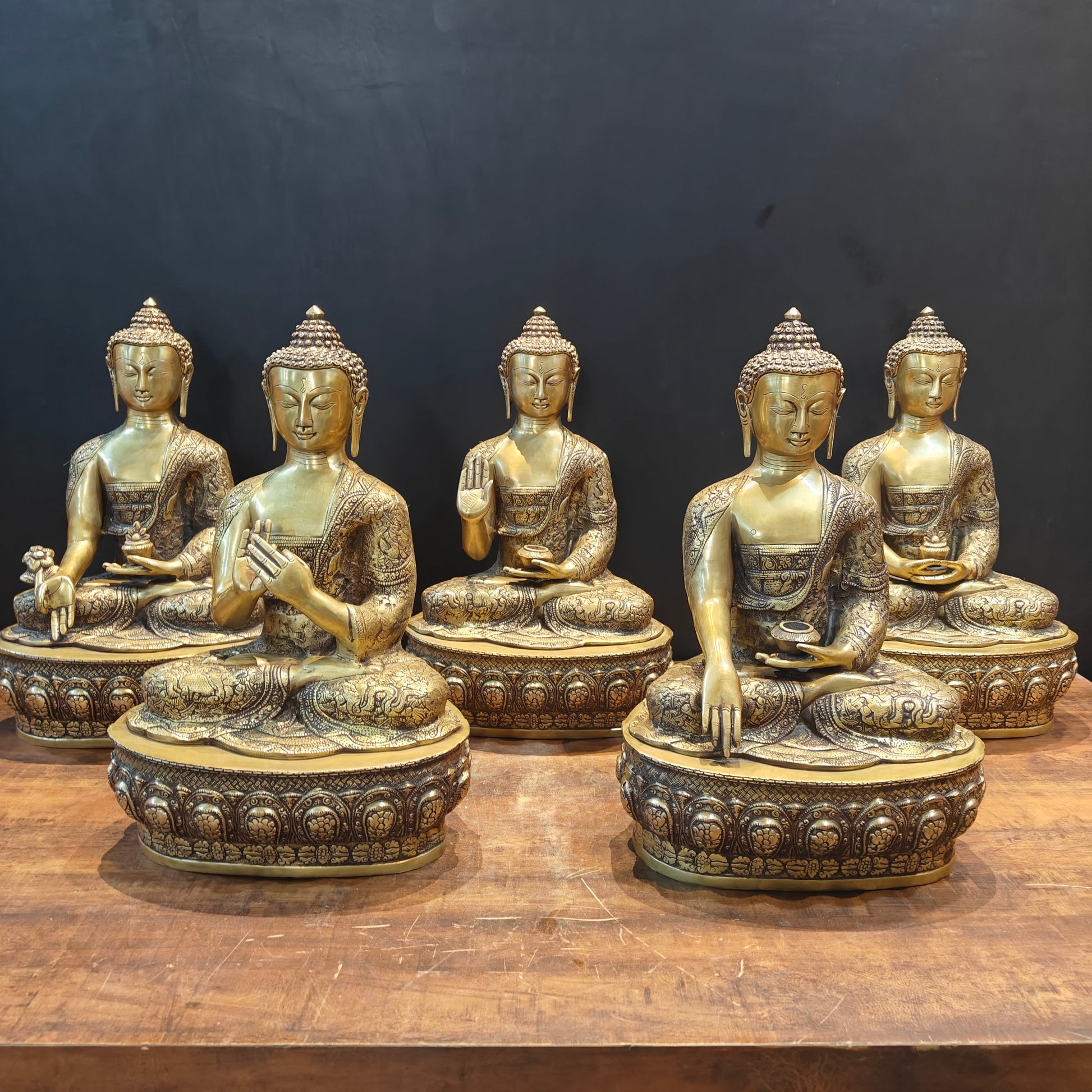 Brass Set of 5 Dhyani Buddha Statues Antique Finish 2 Feet - Image 3