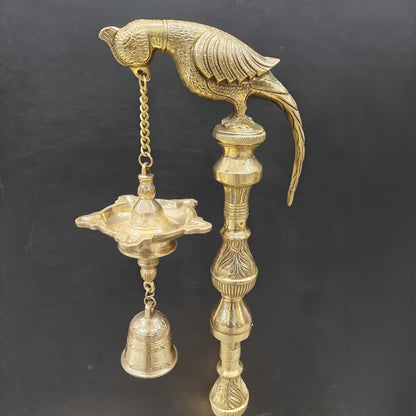 Brass Large Parrot Lamp Diya With Bell 3 Feet by vendor-unknown - Spiritual (View 2)