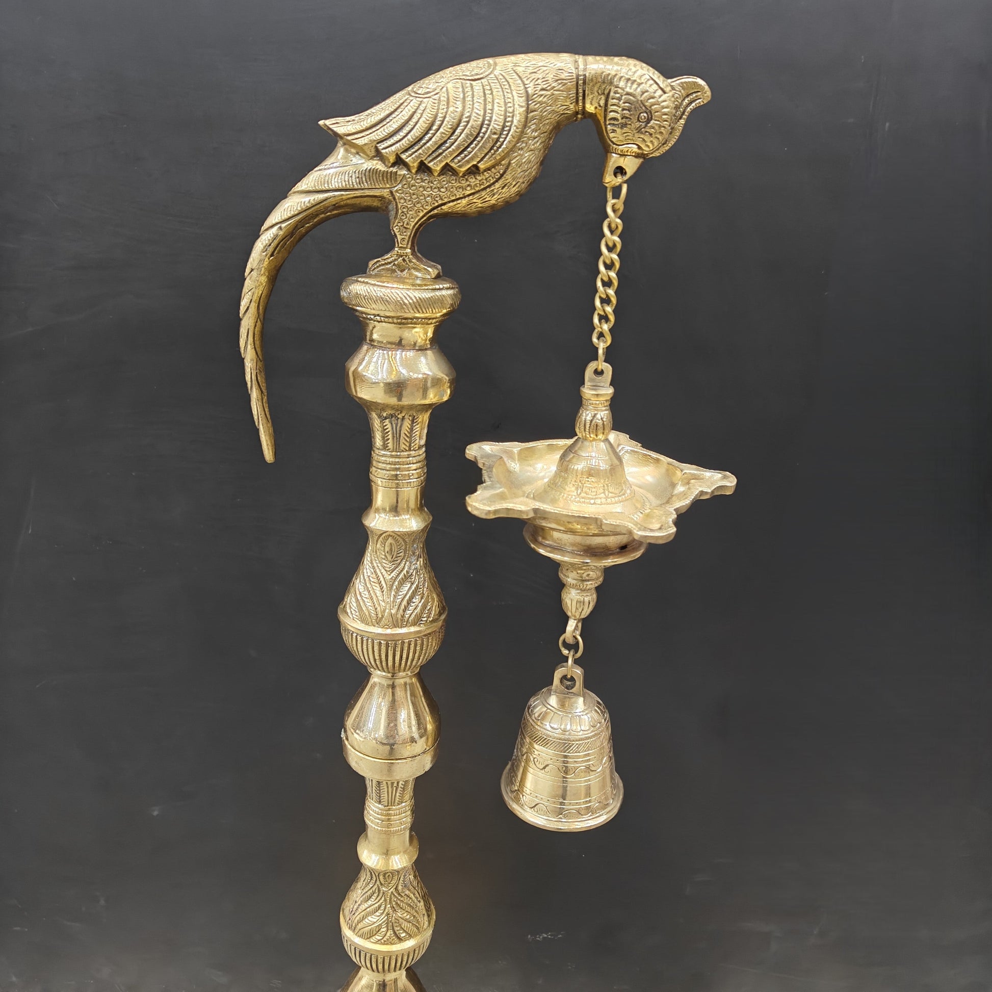 Brass Large Parrot Lamp Diya With Bell 3 Feet - Image 12