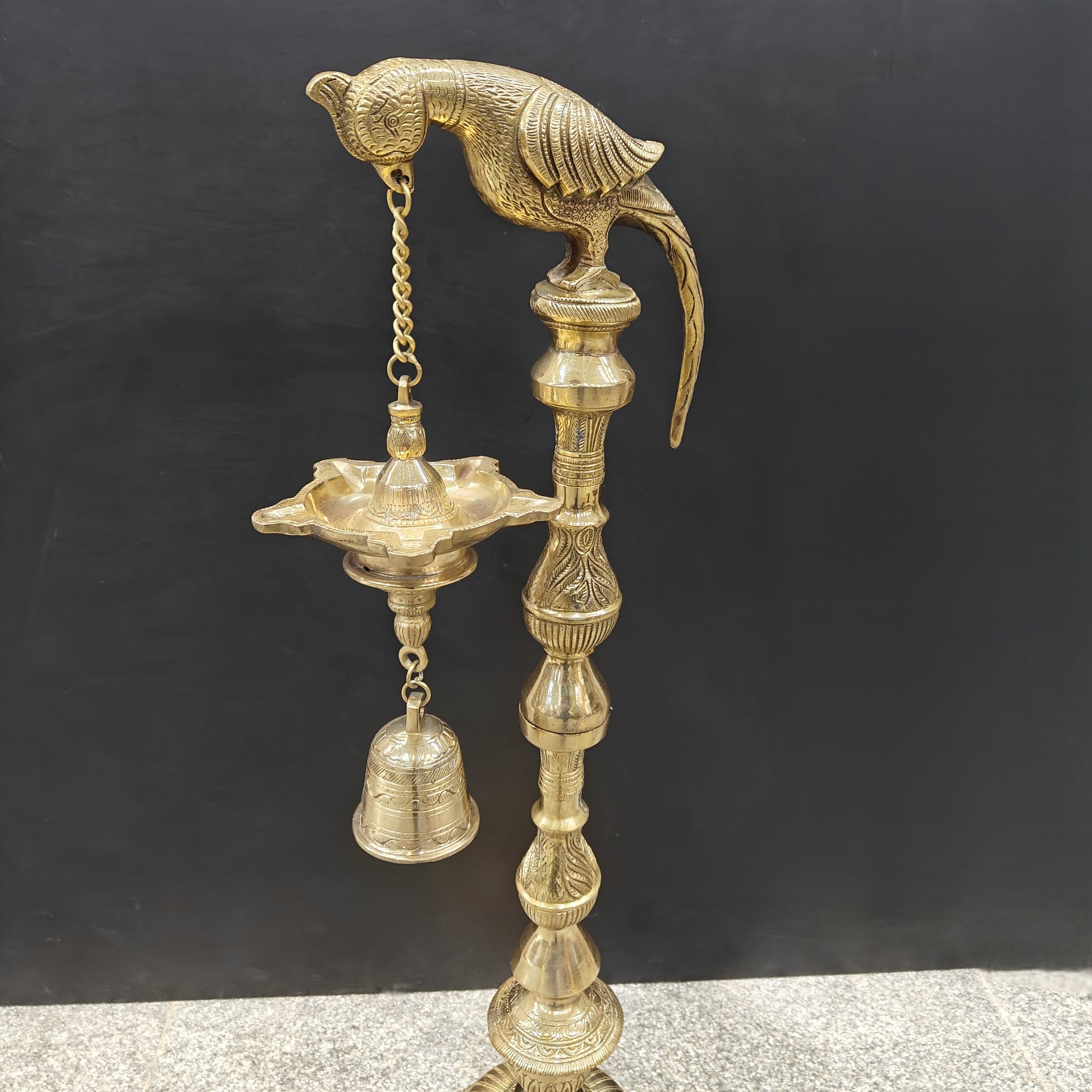 Brass Large Parrot Lamp Diya With Bell 3 Feet - Image 4