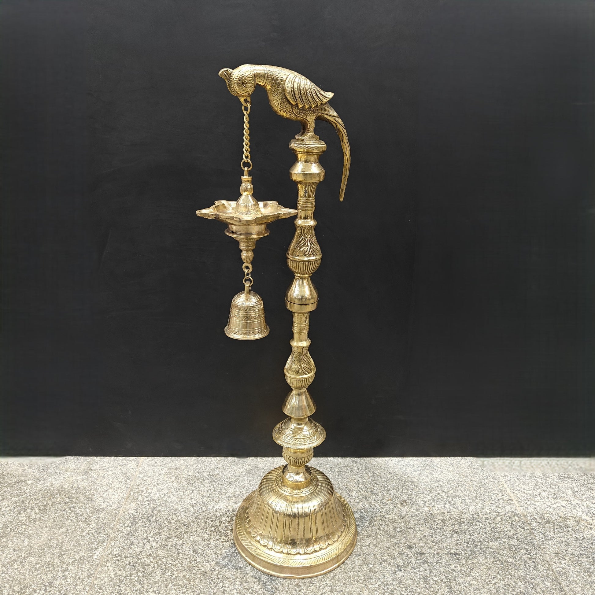 Brass Large Parrot Lamp Diya With Bell 3 Feet - Image 5