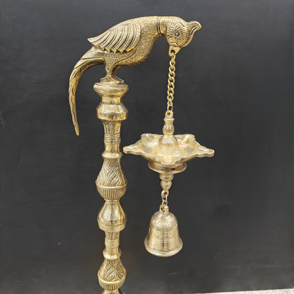 Brass Large Parrot Lamp Diya With Bell 3 Feet by vendor-unknown - Spiritual (View 6)