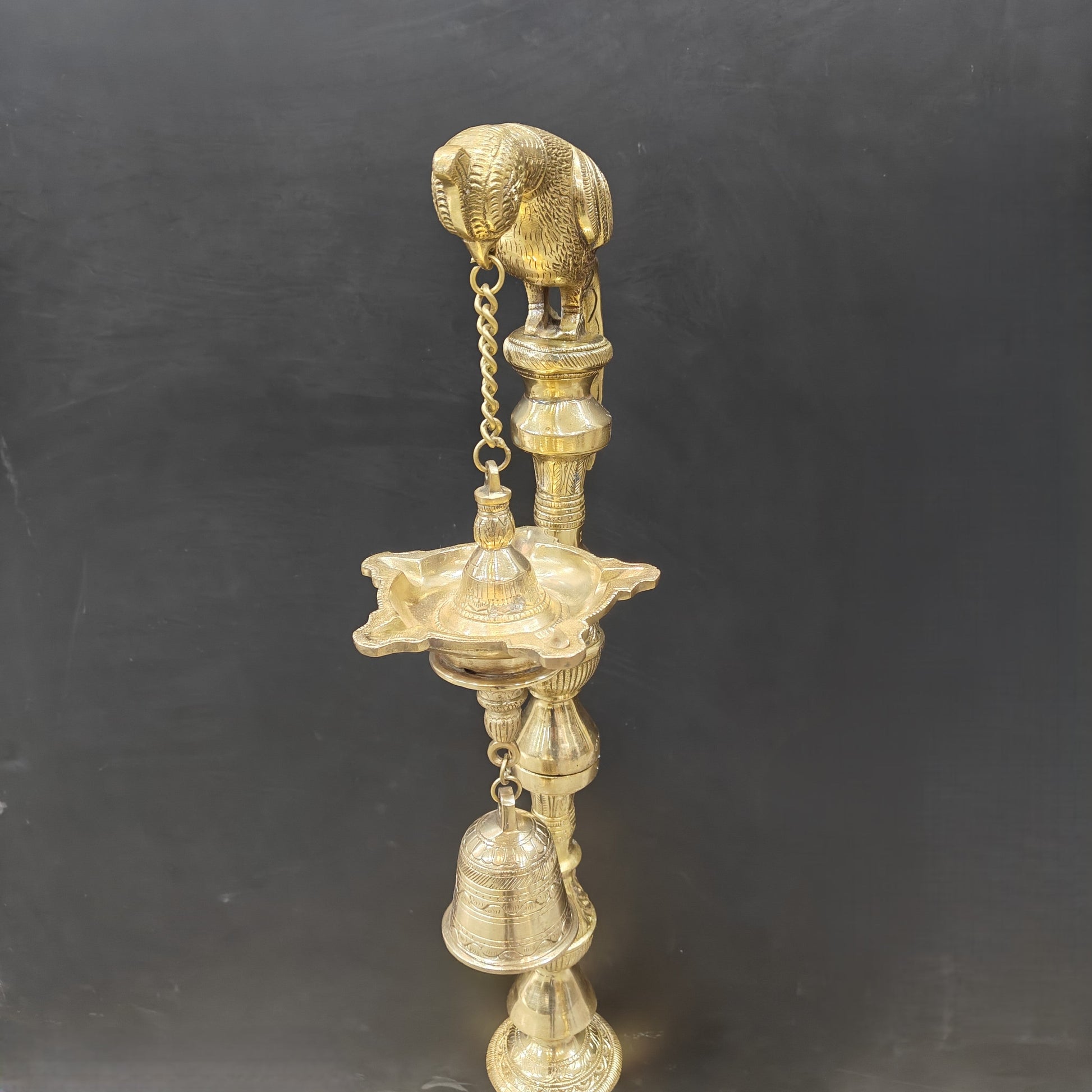 Brass Large Parrot Lamp Diya With Bell 3 Feet - Image 9