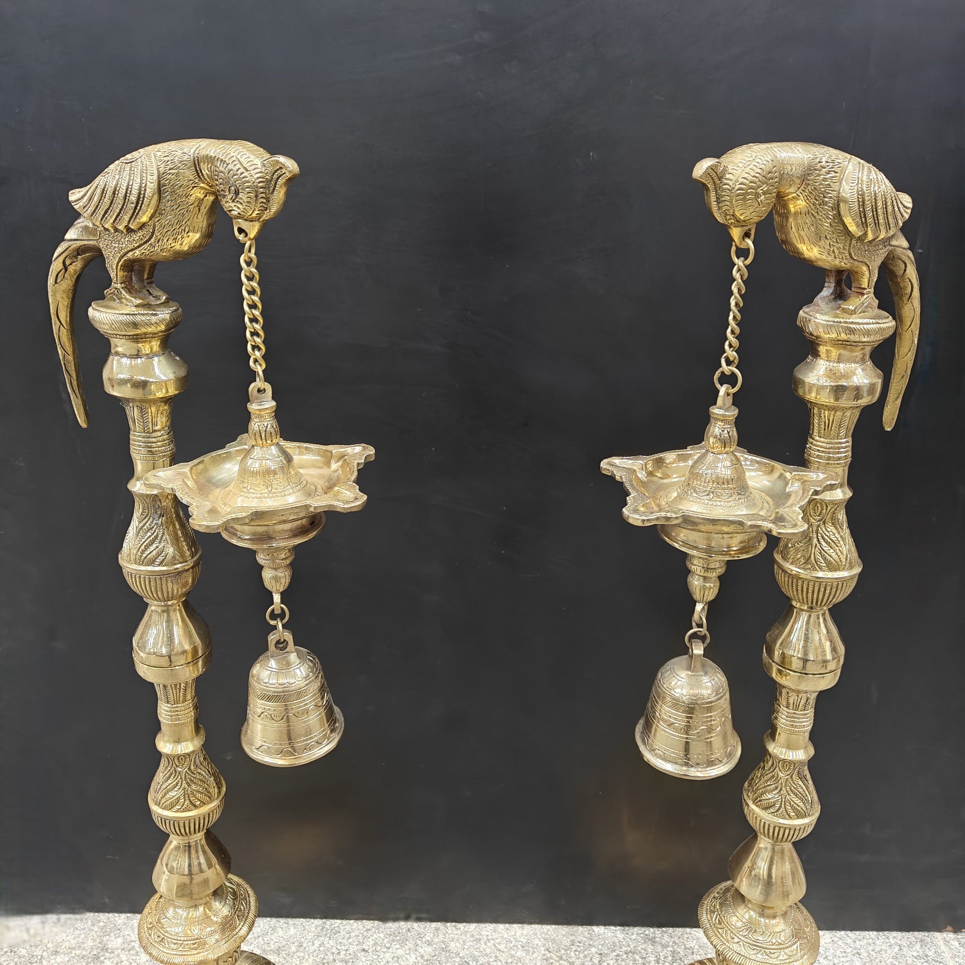 Brass Large Parrot Lamp Diya Pair With Bell 3 Feet - Image 2