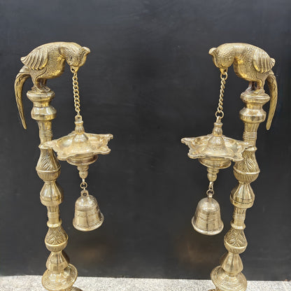 Brass Large Parrot Lamp Diya Pair With Bell 3 Feet by vendor-unknown - Spiritual (View 2)