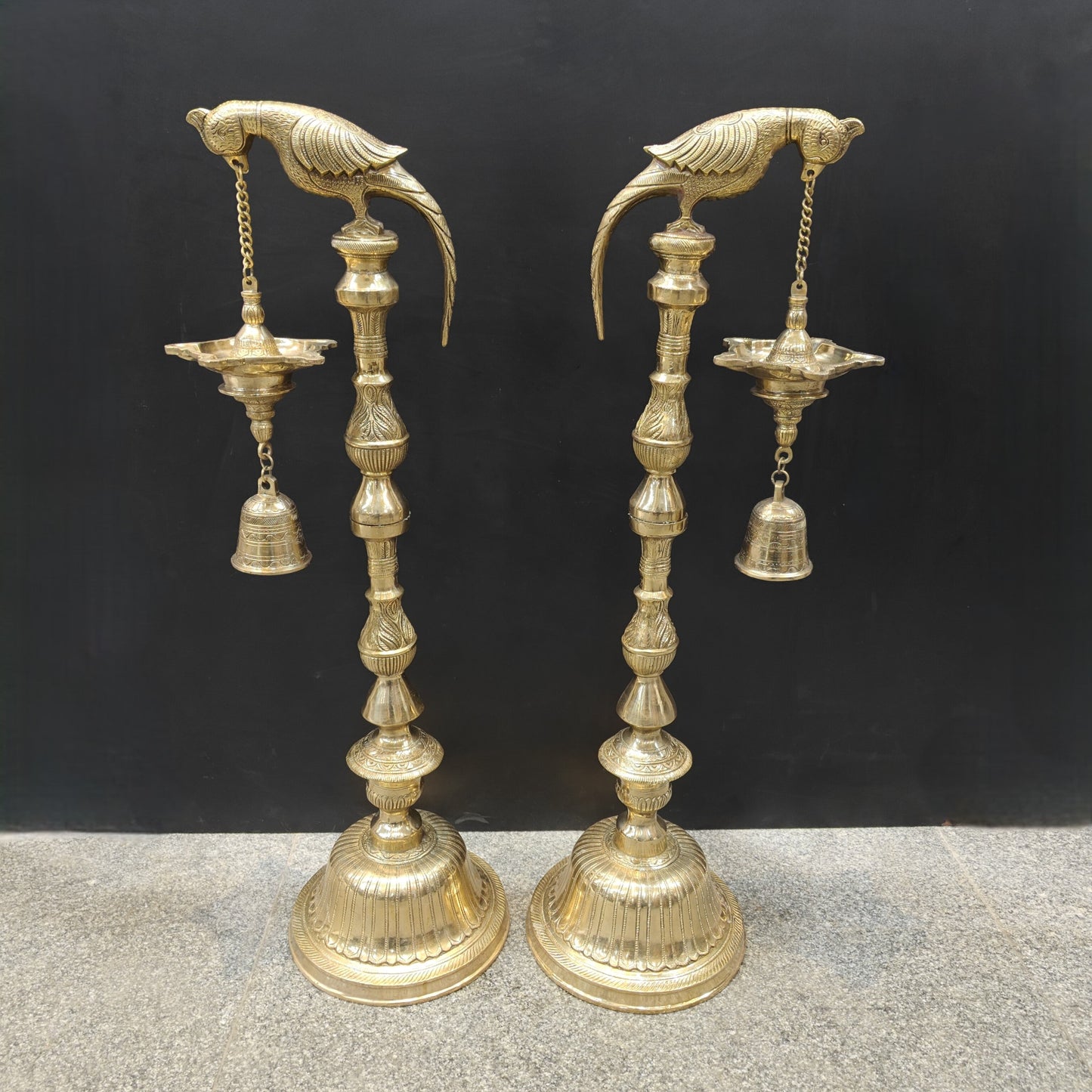 Brass Large Parrot Lamp Diya Pair With Bell 3 Feet