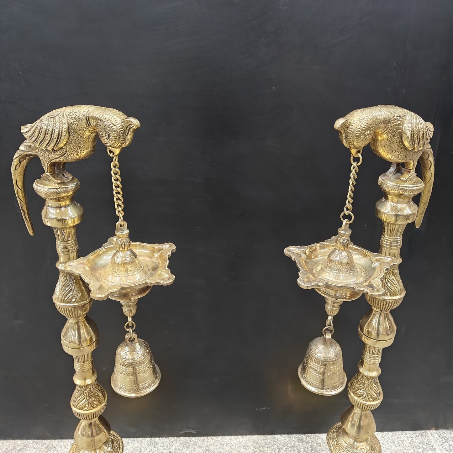 Brass Large Parrot Lamp Diya Pair With Bell 3 Feet