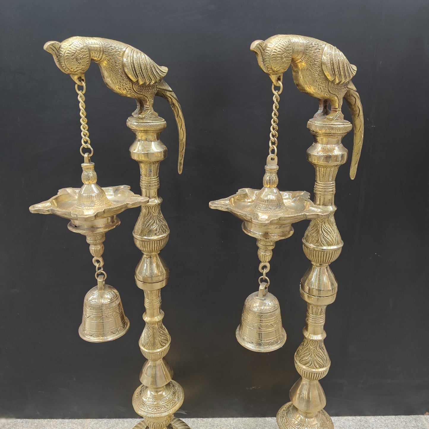 Brass Large Parrot Lamp Diya Pair With Bell 3 Feet