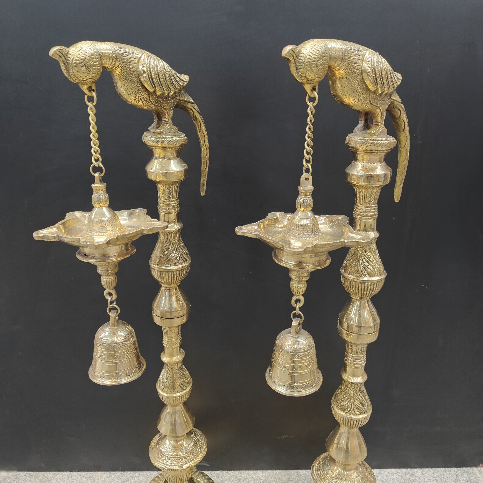 Brass Large Parrot Lamp Diya Pair With Bell 3 Feet - Image 5