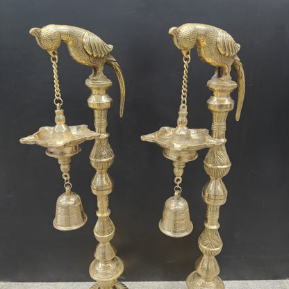 Brass Large Parrot Lamp Diya Pair With Bell 3 Feet by vendor-unknown - Spiritual (View 5)