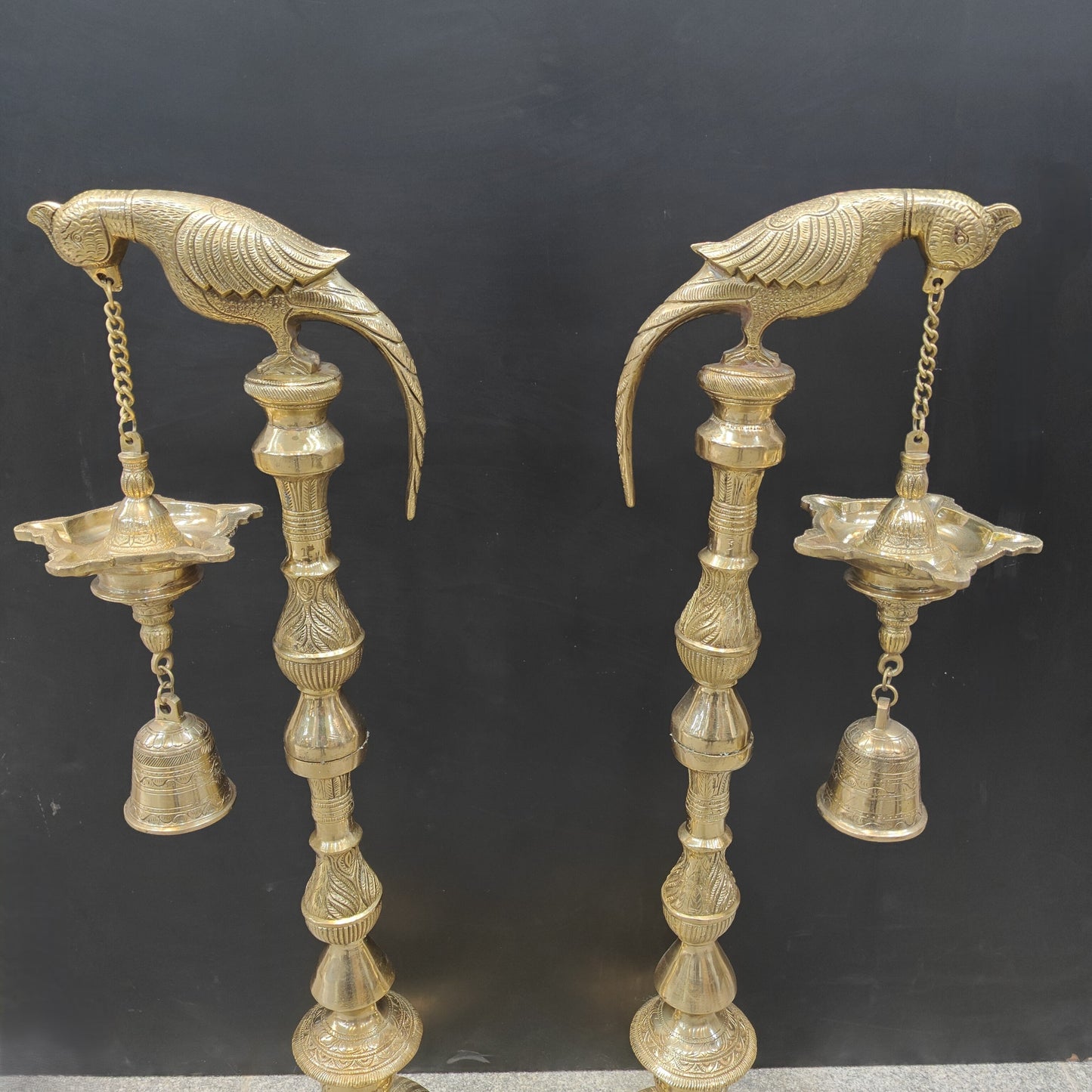 Brass Large Parrot Lamp Diya Pair With Bell 3 Feet