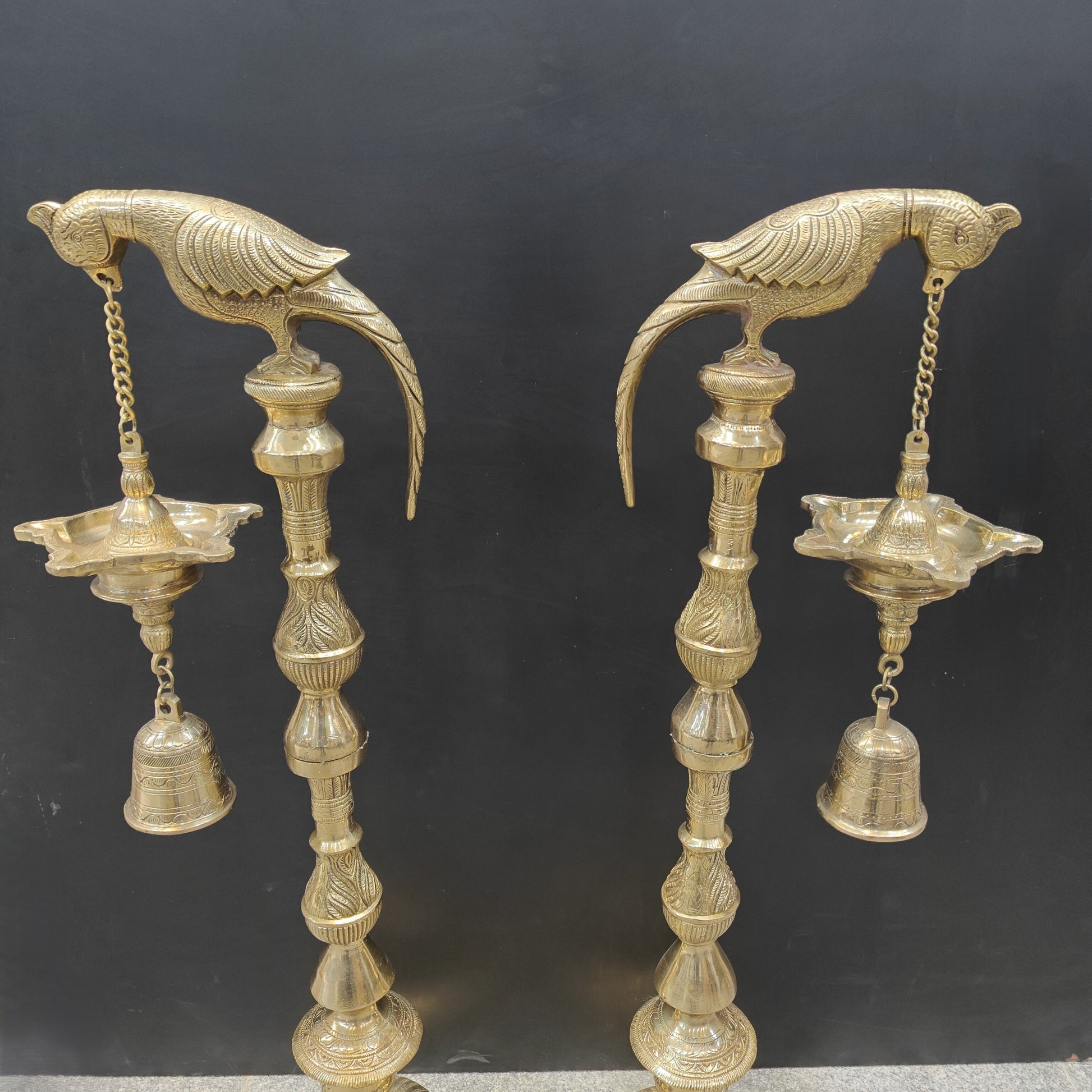Brass Large Parrot Lamp Diya Pair With Bell 3 Feet - Image 6
