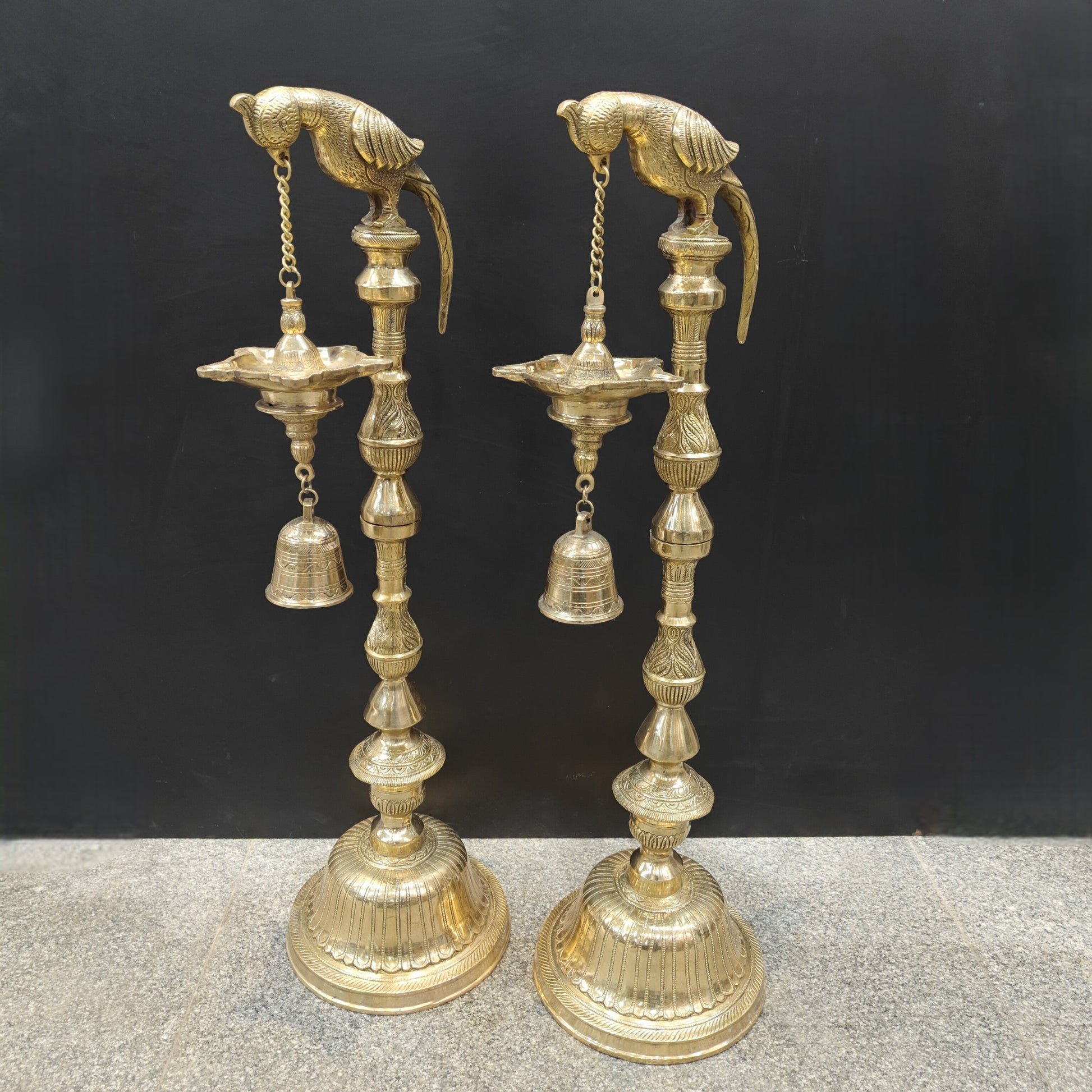 Brass Large Parrot Lamp Diya Pair With Bell 3 Feet - Image 7