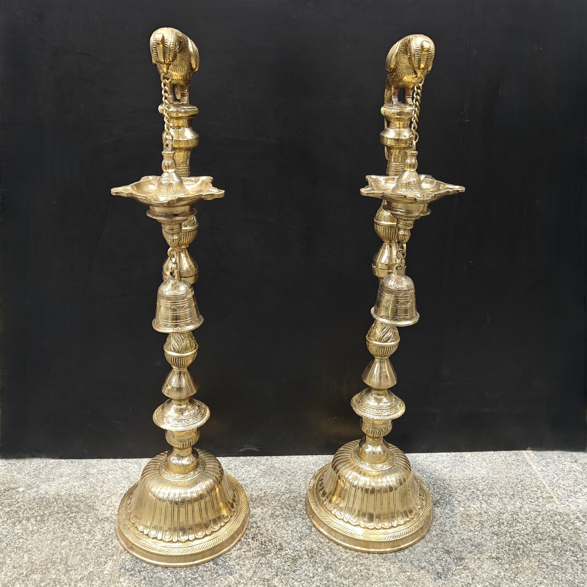 Brass Large Parrot Lamp Diya Pair With Bell 3 Feet - Image 8