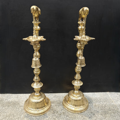 Brass Large Parrot Lamp Diya Pair With Bell 3 Feet by vendor-unknown - Spiritual (View 8)