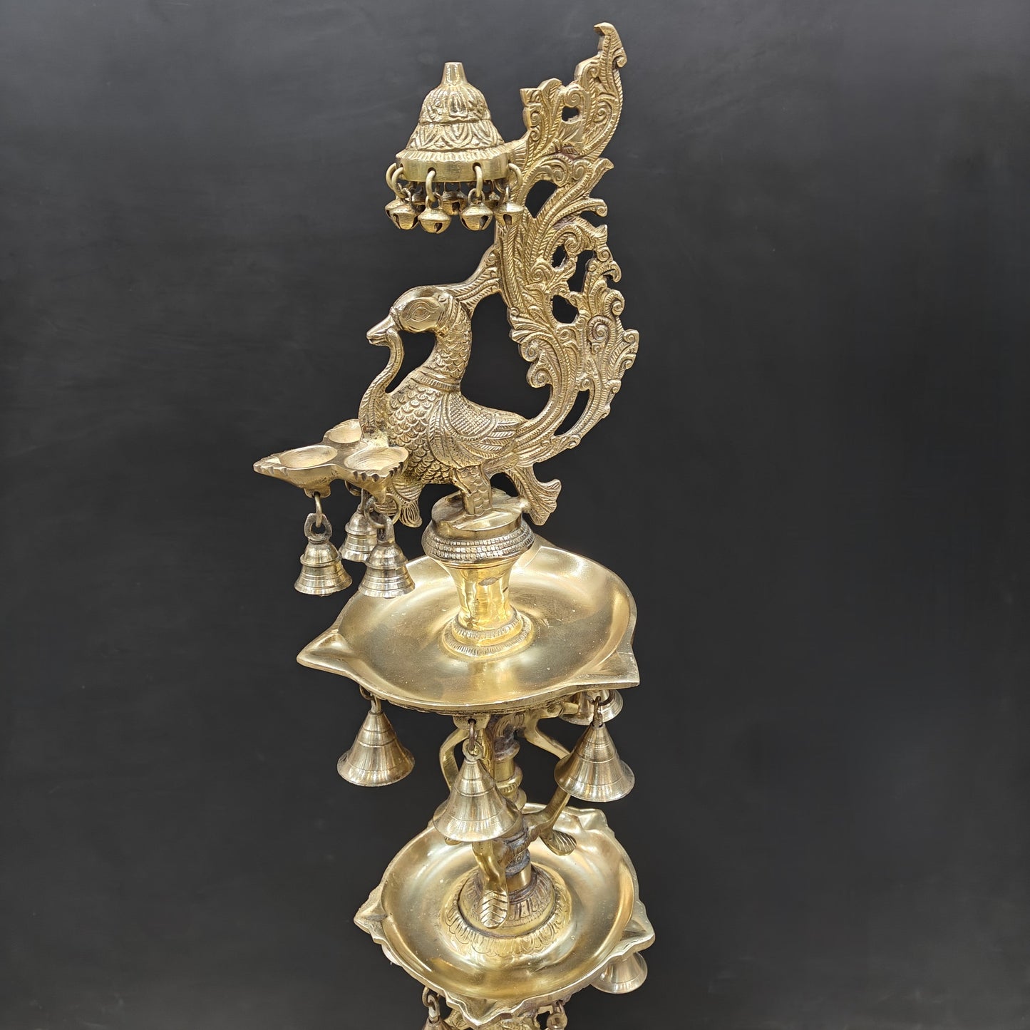 Brass Large Peacock Lamp Diya With Bells 3.5 Feet