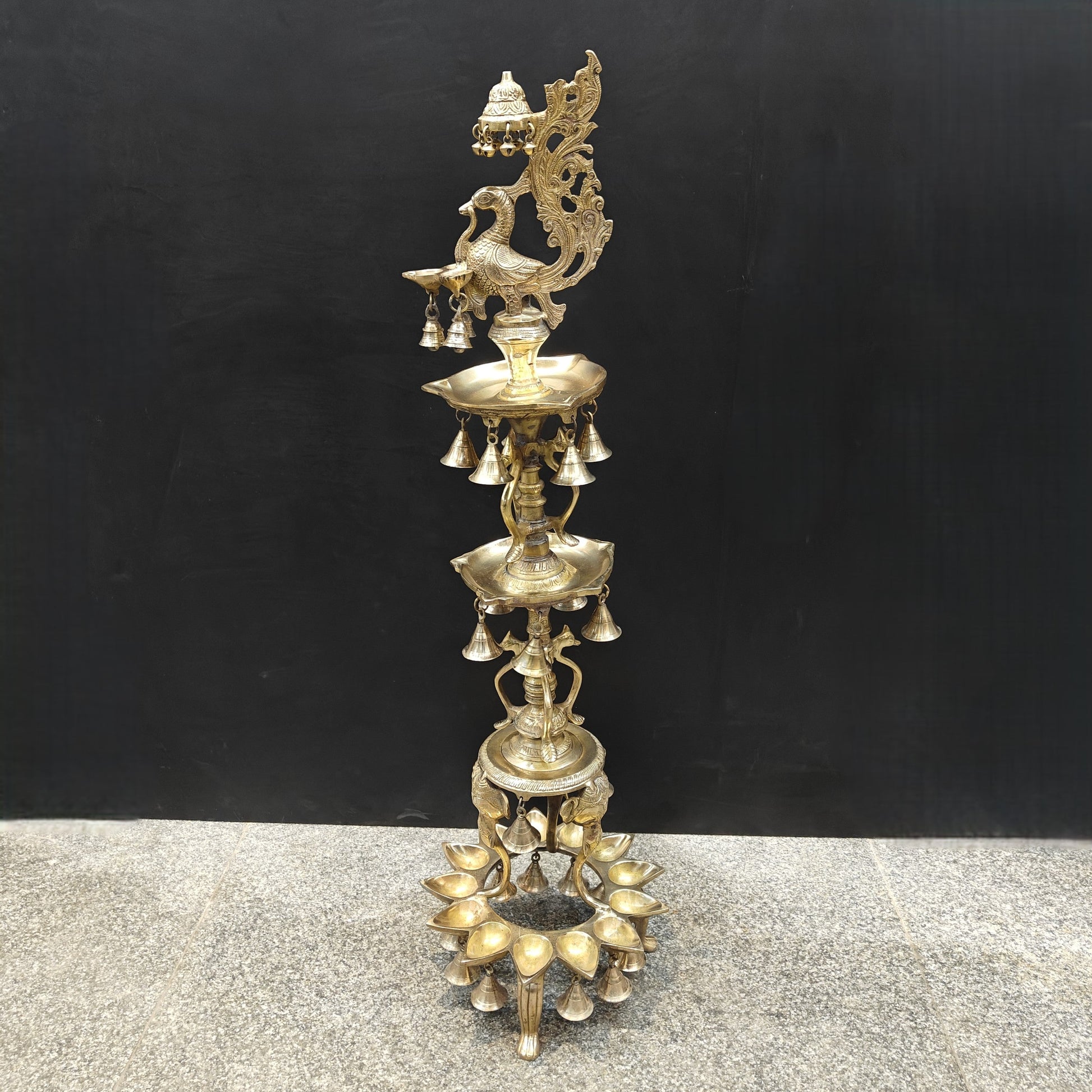 Brass Large Peacock Lamp Diya With Bells 3.5 Feet - Image 3