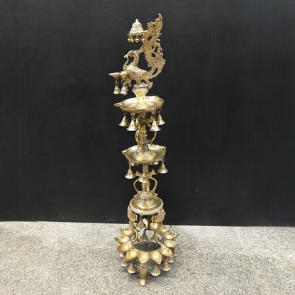 Brass Large Peacock Lamp Diya With Bells 3.5 Feet by vendor-unknown - Spiritual (View 3)