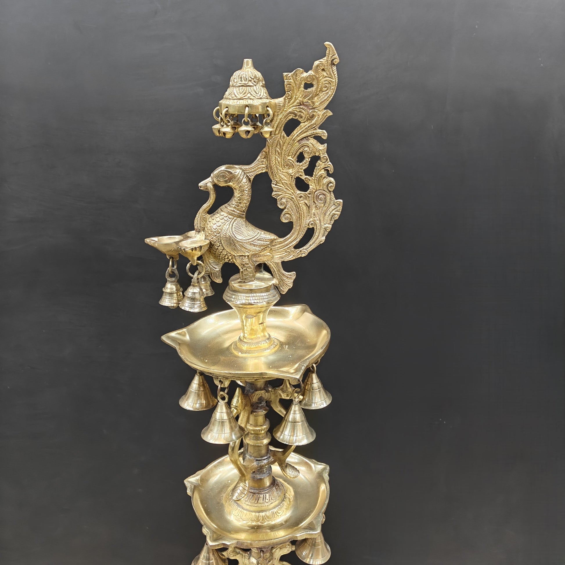 Brass Large Peacock Lamp Diya With Bells 3.5 Feet - Image 4