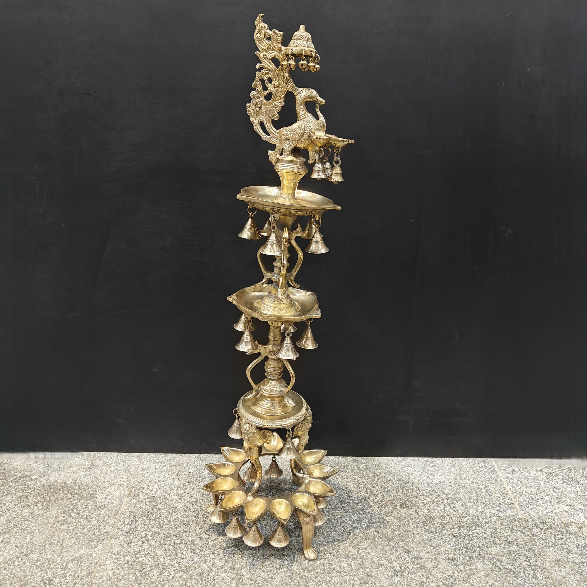 Brass Large Peacock Lamp Diya With Bells 3.5 Feet - Image 5