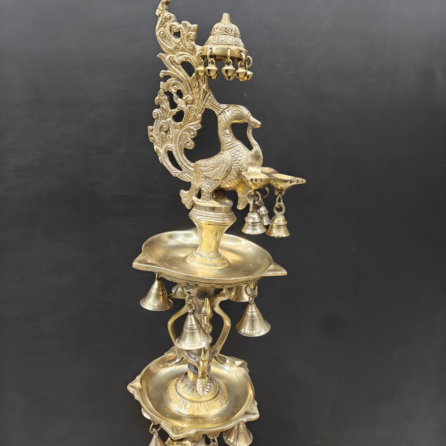 Brass Large Peacock Lamp Diya With Bells 3.5 Feet