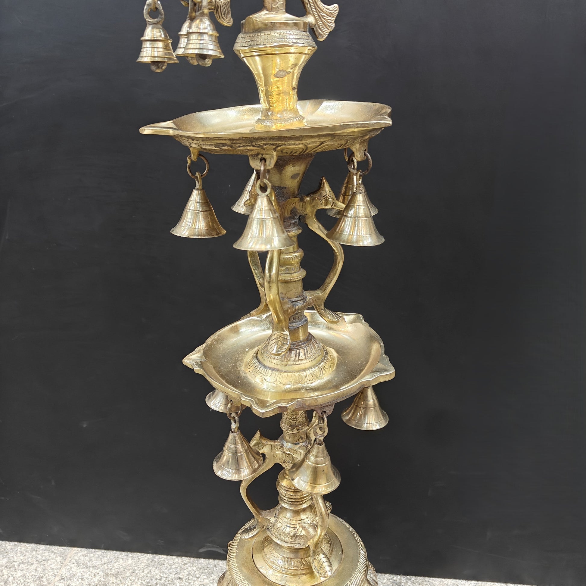 Brass Large Peacock Lamp Diya With Bells 3.5 Feet - Image 7