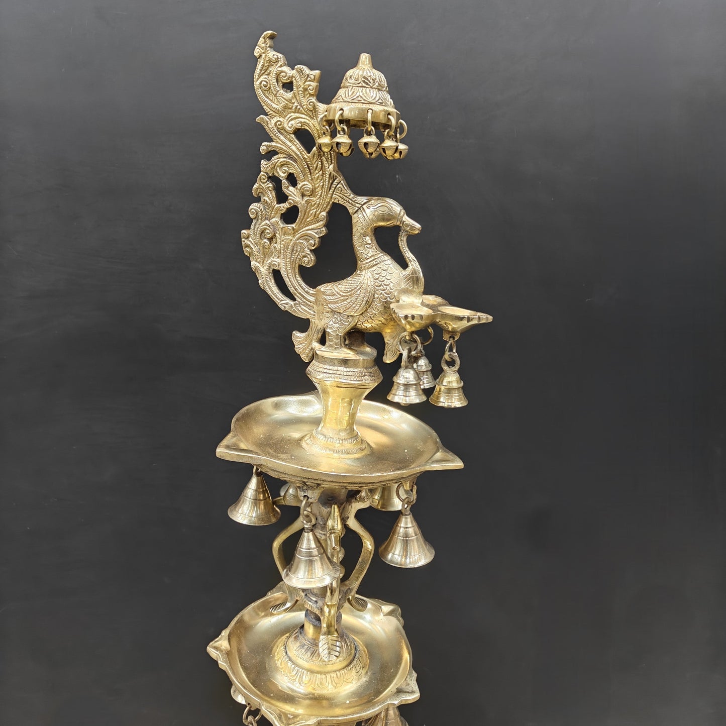 Brass Large Peacock Lamp Diya With Bells 3.5 Feet