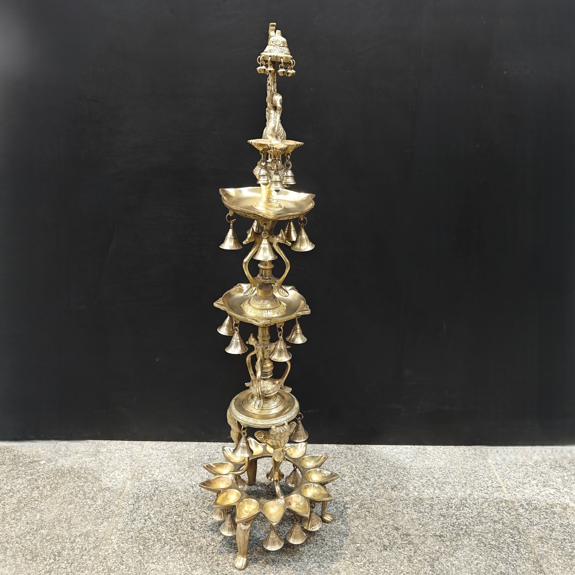 Brass Large Peacock Lamp Diya With Bells 3.5 Feet - Image 10